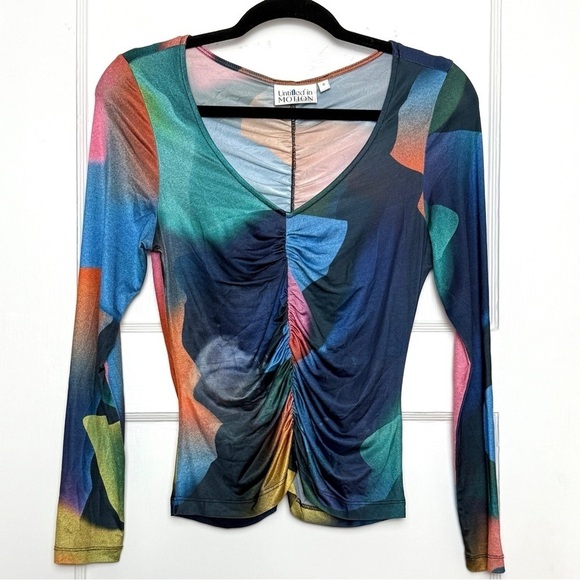 UNTITLED IN MOTION 90s Abstract Print Ruched V-Neck Long Sleeve Slim Fit Top S - Picture 5 of 14